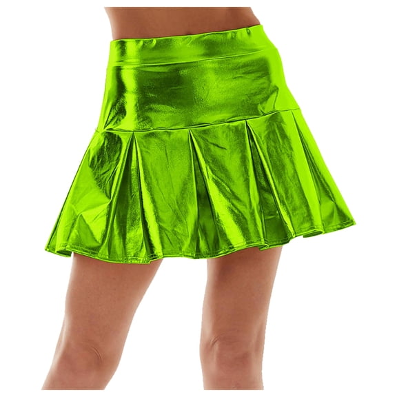 vigerkar Women's Shiny Flared Pleated Y2k Outfit Mini Glitter Skater Skirt (Light Green, XL)