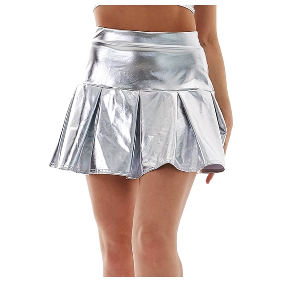vigerkar Women's Shiny Flared Pleated Y2k Outfit Mini Glitter Skater Skirt (Silver, XXL)