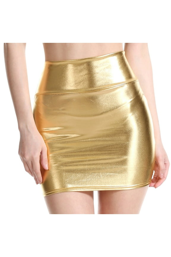 Women's Shiny Metallic Liquid Mini Party Skirt Gold, L