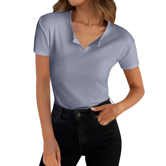 vigerkar Women's Short Sleeve V Neck T Shirts 2025 Summer Slim Fitted Basic Solid Color Tee Tops Dark Gray, L