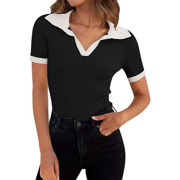 vigerkar Women's Short Sleeve V Neck T Shirts Ribbed Knit Slim Fit Tee Top Collar Polo Shirt Black, One Size