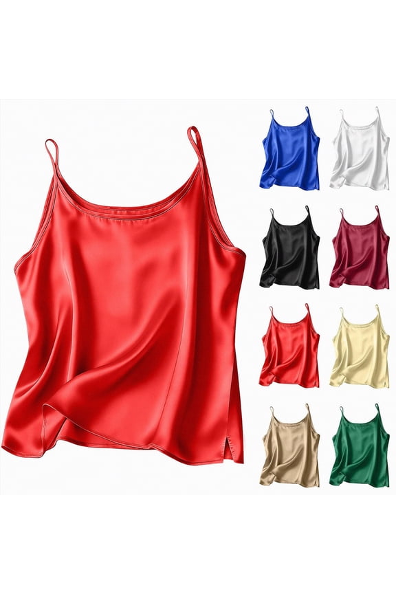 Women's Silk Satin Tank Tops Scoop Neck Spaghetti Strap Sleeveless Camisole Summer Elegant Trendy Dressy Blouse (Black, XXL)