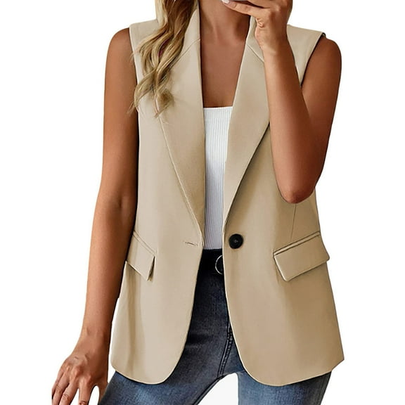 vigerkar Women's Sleeveless Lapel Collar Neck Single Vest Blazer Jacket Khaki, XXL