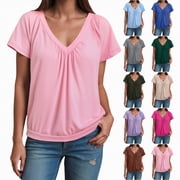 vigerkar Womens Solid Casual Summer T Shirts Short Sleeve V Neck Tops Tshirts Hot Pink, XL
