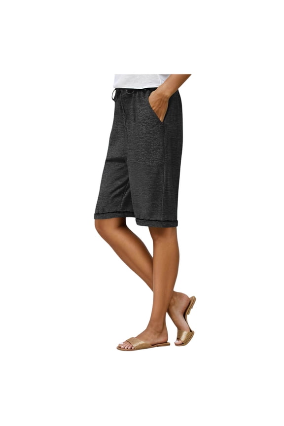 Women's Solid Color Casual Shorts – Elastic Waist, Mid-Length Bermuda Pants with Pockets Black, S