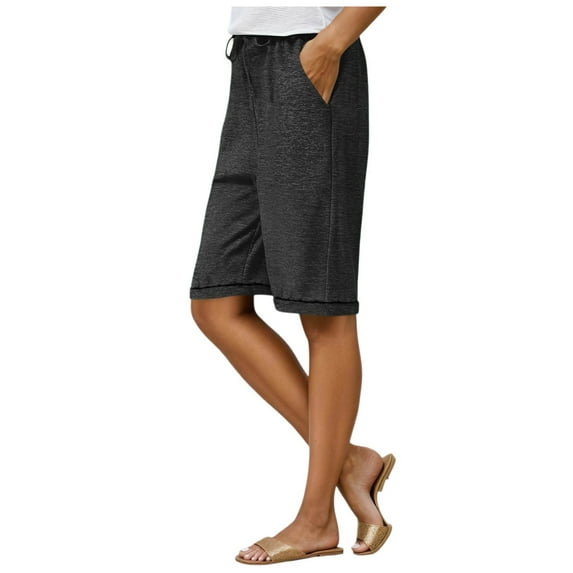 vigerkar Women's Solid Color Casual Shorts – Elastic Waist, Mid-Length Bermuda Pants with Pockets Black, XXL