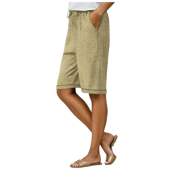 vigerkar Women's Solid Color Casual Shorts – Elastic Waist, Mid-Length Bermuda Pants with Pockets Khaki, M