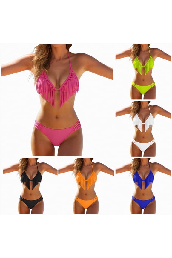 Women's Solid Color Flowy Fringe Trim Swimsuit Halter Bikinis Set Tummy Control Full Bathing Suit (Black, M)