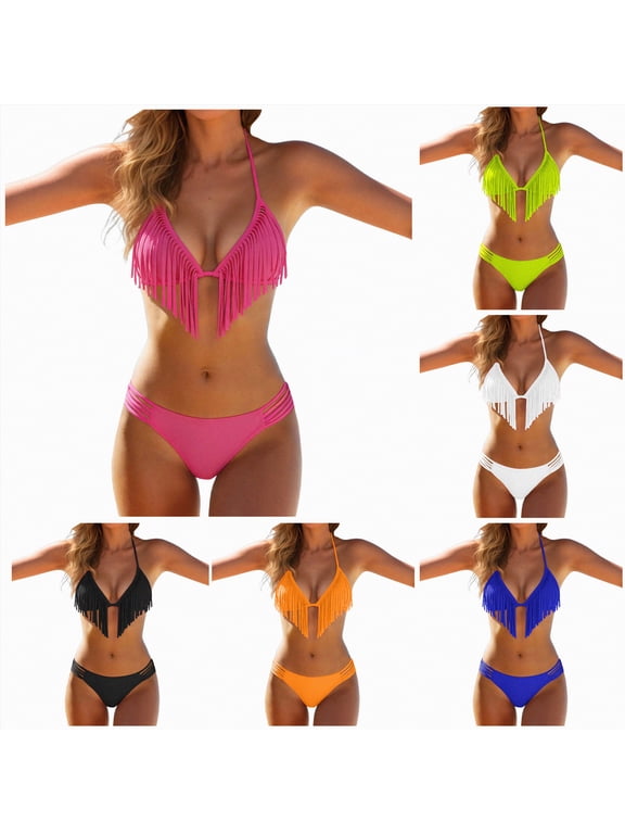 Women's Solid Color Flowy Fringe Trim Swimsuit Halter Bikinis Set Tummy Control Full Bathing Suit (Green, M)