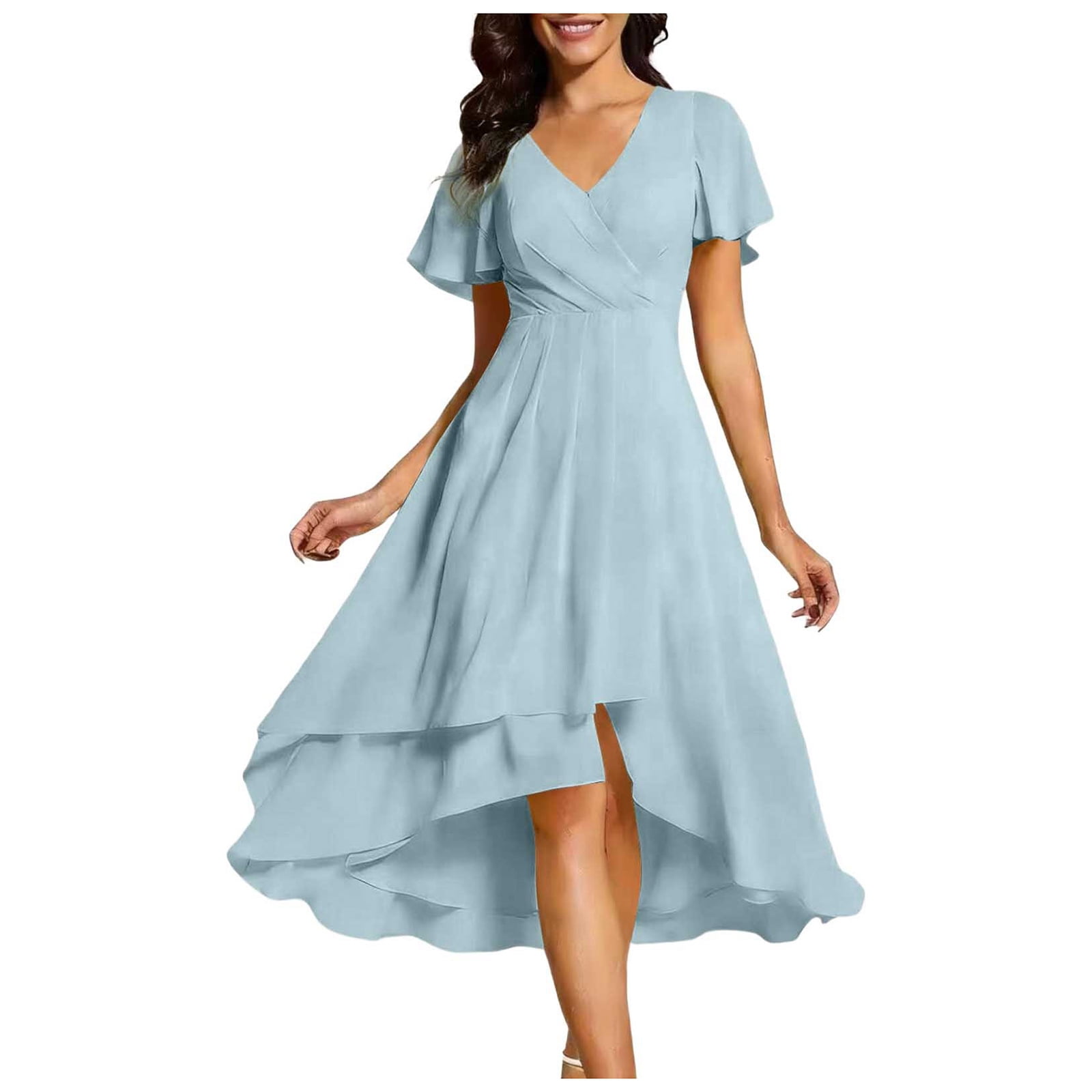 light blue spring wedding guest dress vigerkar Women's Spring Summer Chiffon Wedding Guest Dresses V Neck Ruffle  Sleeves Midi Semi Formal Dress (Light Blue, 3XL)