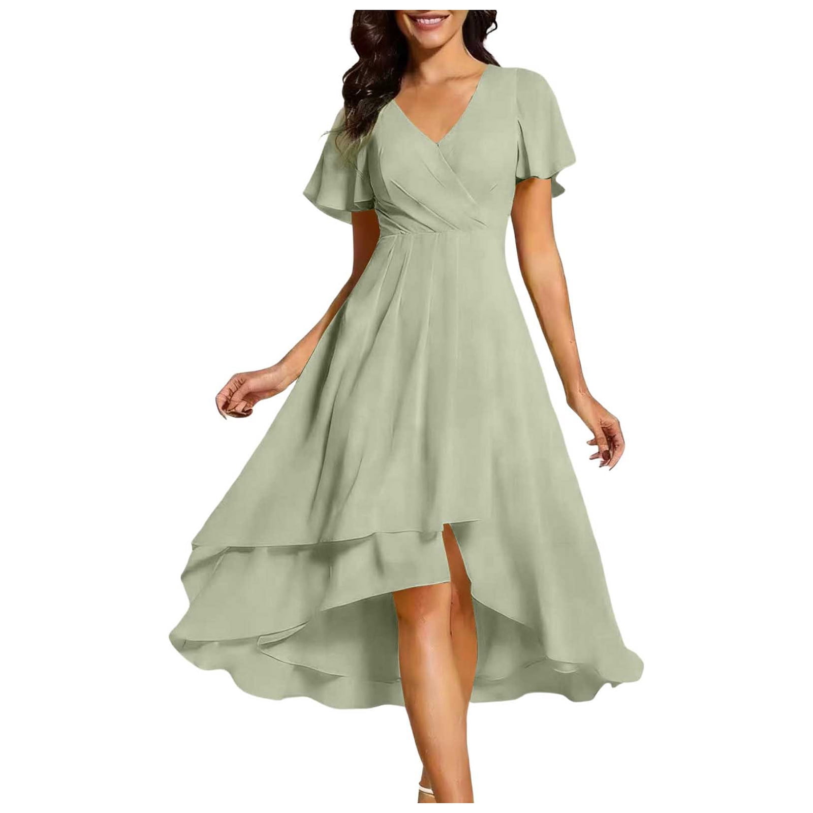 semi formal dresses for outdoor wedding vigerkar Women's Spring Summer Chiffon Wedding Guest Dresses V Neck Ruffle  Sleeves Midi Semi Formal Dress (Light Blue, 3XL)