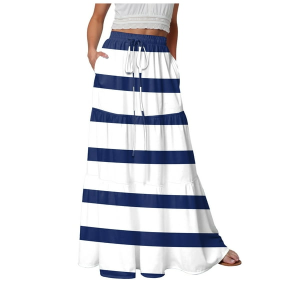 vigerkar Women's Spring Summer High Waist Gradient Striped Maxi Skirt Casual Flowy Swing Pleated Beach Long Skirts Dark Blue, L