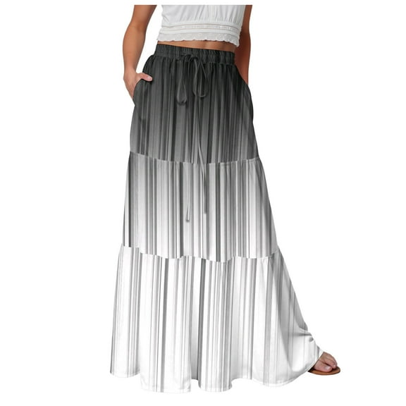 vigerkar Women's Spring Summer High Waist Gradient Striped Maxi Skirt Casual Flowy Swing Pleated Beach Long Skirts Dark Gray, L