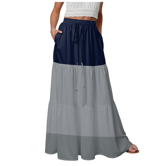 vigerkar Women's Spring Summer High Waist Gradient Striped Maxi Skirt Casual Flowy Swing Pleated Beach Long Skirts Grey, M