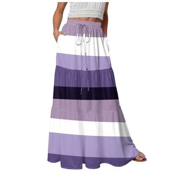vigerkar Women's Spring Summer High Waist Gradient Striped Maxi Skirt Casual Flowy Swing Pleated Beach Long Skirts Purple, M