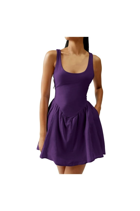 Womens Summer Dresses 2025 Casual Sleeveless Sundress Beach Vacation Flowy Tiered Short Dresses with Pockets Dark Purple, XL