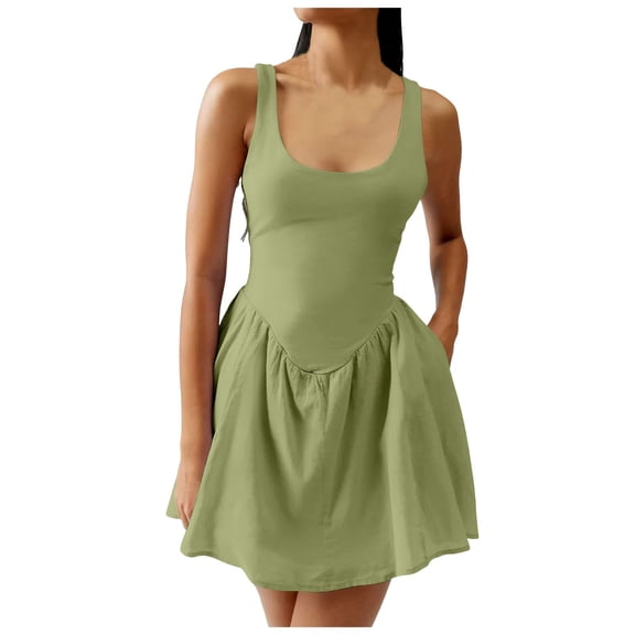 vigerkar Women's Square Neck Ruffle Hem Mini Dress Ruched Waist Short Party Dresses Green, M