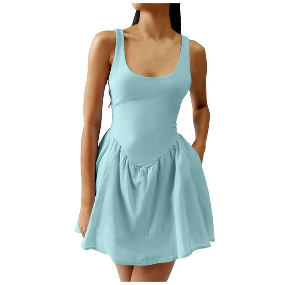 vigerkar Women's Square Neck Ruffle Hem Mini Dress Ruched Waist Short Party Dresses Light Blue, M