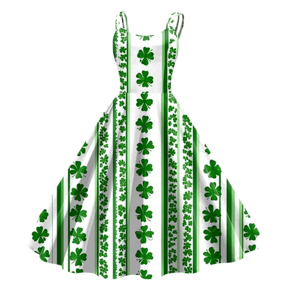 vigerkar Women's St. Patrick's Day Sleeveless Dress Ireland Shamrock Print Vintage Dress Swing Clover Leaf Dress (Green, L)