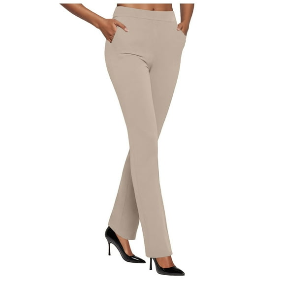 vigerkar Women's Stretch Yoga Pants -High Waist Bell Bottoms Trouser,Pull-On Office Slacks,with Pockets Beige, XL