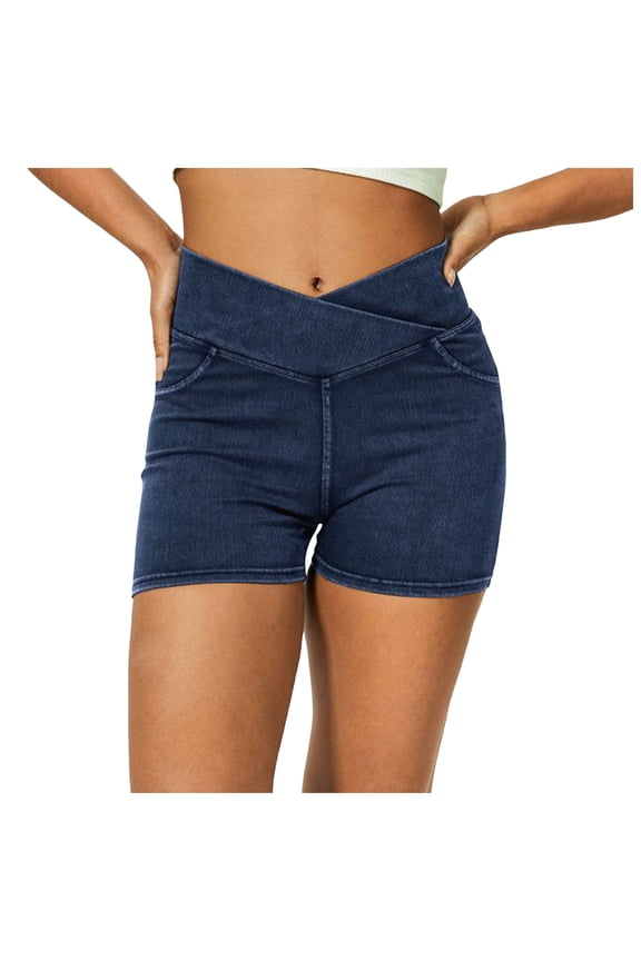 Women’s Stretchy Jean Shorts Crossover High Waisted Pull On Denim Shorts with Pockets (Blue, M)