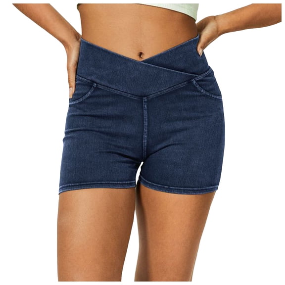 vigerkar Women’s Stretchy Jean Shorts Crossover High Waisted Pull On Denim Shorts with Pockets (Blue, XS)