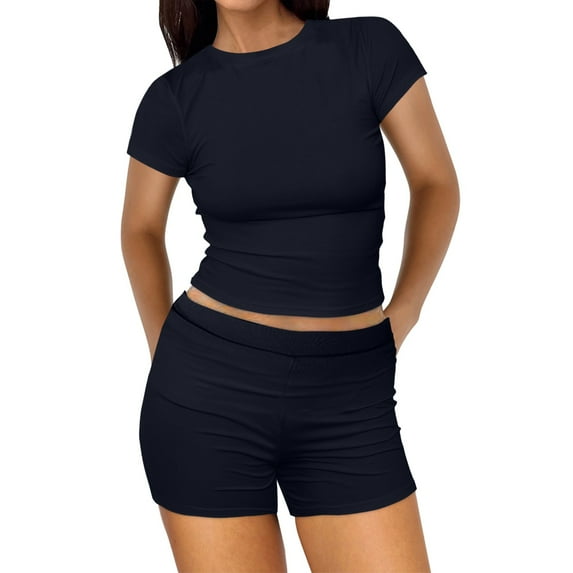 vigerkar Women's Summer 2 Piece Outfits Shorts Sets Matching Set Loungewear 2025 Navy, L
