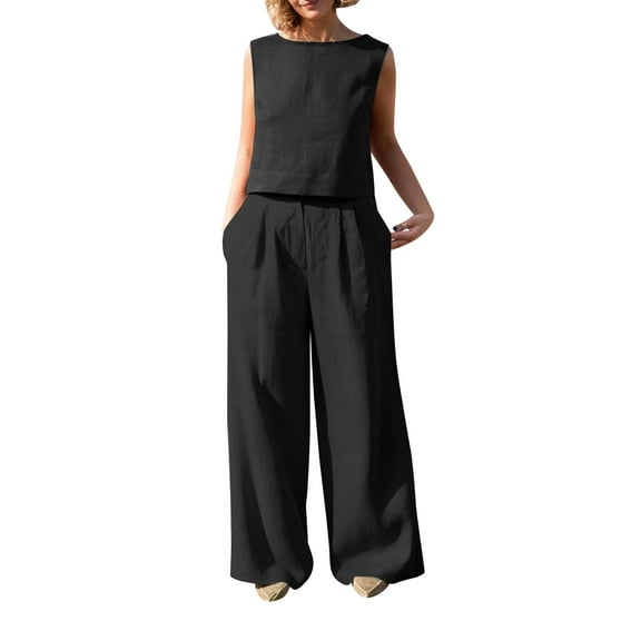 vigerkar Women's Summer 2 Piece Outfits Sleeveless Crop Top Capri Wide Leg Pants Jumpsuit Linen Lounge Beach Travel Sets Black, XL