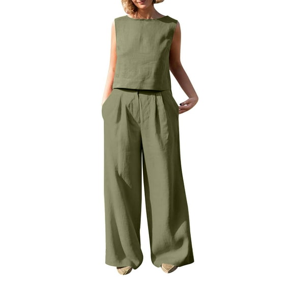 vigerkar Women's Summer 2 Piece Outfits Sleeveless Crop Top Capri Wide Leg Pants Jumpsuit Linen Lounge Beach Travel Sets Green, M