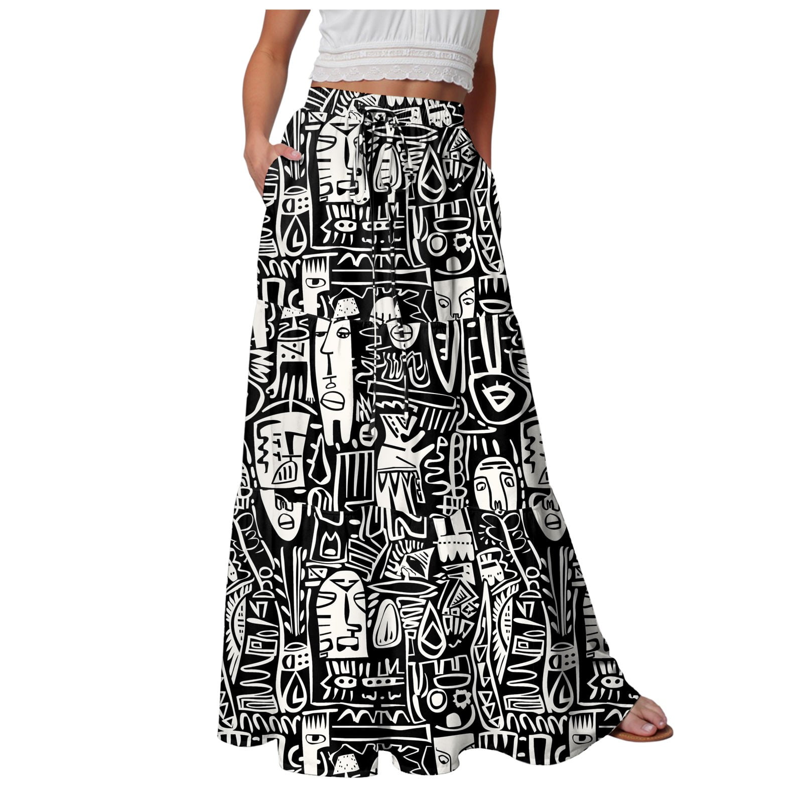 NEW NO.323 2 Women's Lace Insert Ruffle Hem Long Skirt, Boho Maxi Skirt, Elastic Waist Flare Swing A Line Skirt In Cream UK - Foto 8