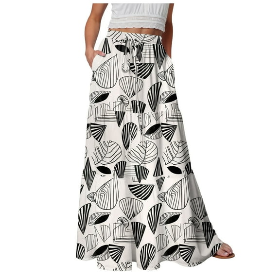 vigerkar Women's Summer Boho Floral Maxi Skirts High Waisted Flowy Swing Beach Long Skirt with Pockets 2025 White, S