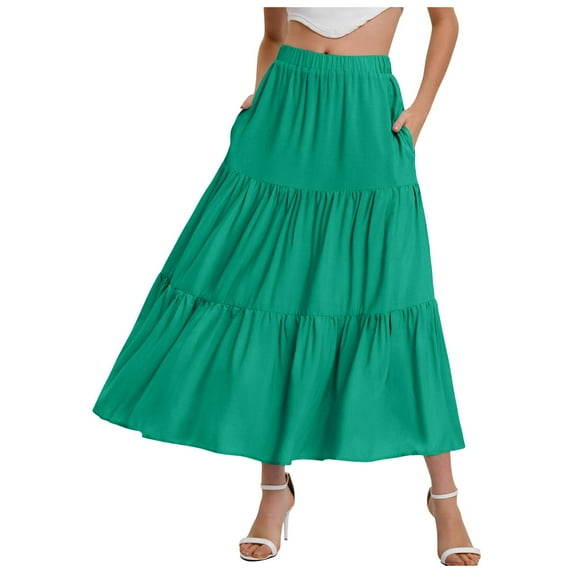 vigerkar Women’s Summer Boho Flowy Swing Tiered A-Line Maxi Skirt 2025 Fashion Trendy Elastic Waist Pleated Long Beach Dress Green, XL