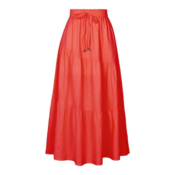vigerkar Women's Summer Casual Smock Layered Tiered Maxi Skirt High Waisted Flowy A Line Long Skirts Red, S
