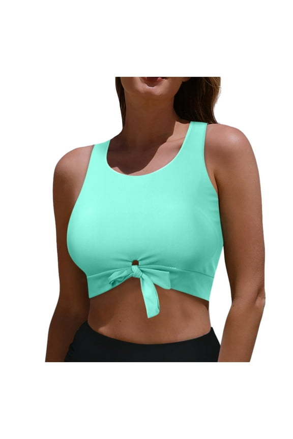 Women's Summer Cut Out Tie Knot Front Scoop Neck Tank Crop Top Quick Dry Bikini Swimsuit Top for Beach Mint Green, XXL