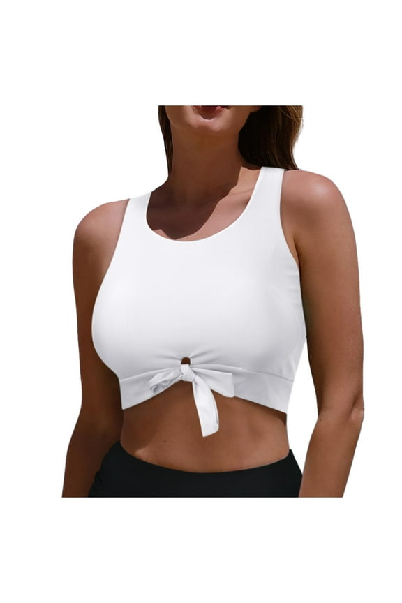 Women's Summer Cut Out Tie Knot Front Scoop Neck Tank Crop Top Quick Dry Bikini Swimsuit Top for Beach White, S