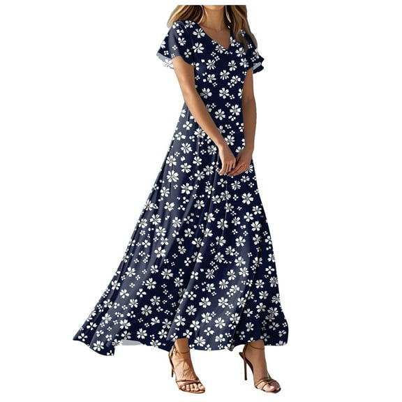 vigerkar Women's Summer Dress 2025 Short Sleeve V-Neck Boho Floral Printed Flowy Swing Sundress Dresses Dark Blue, L