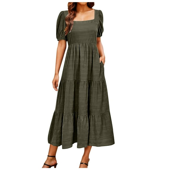 vigerkar Women's Summer Dresses 2025 Puff Sleeve Square Neck High Waist Smocked A-Line Flowy Loose Fit Midi Dress AG, XL