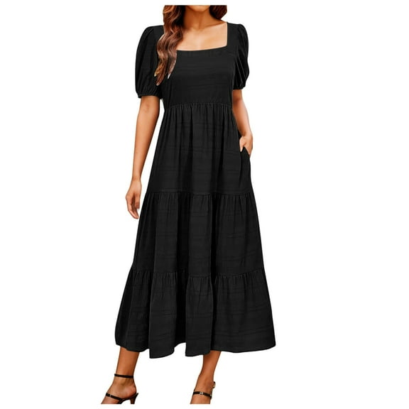 vigerkar Women's Summer Dresses 2025 Puff Sleeve Square Neck High Waist Smocked A-Line Flowy Loose Fit Midi Dress Black, S