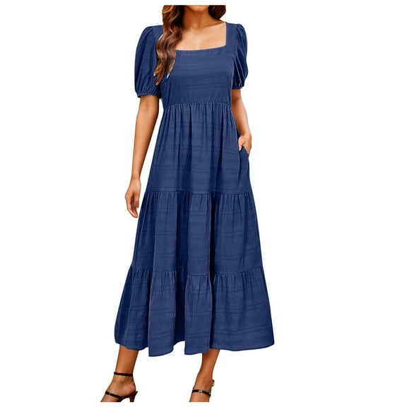 vigerkar Women's Summer Dresses 2025 Puff Sleeve Square Neck High Waist Smocked A-Line Flowy Loose Fit Midi Dress Navy, L