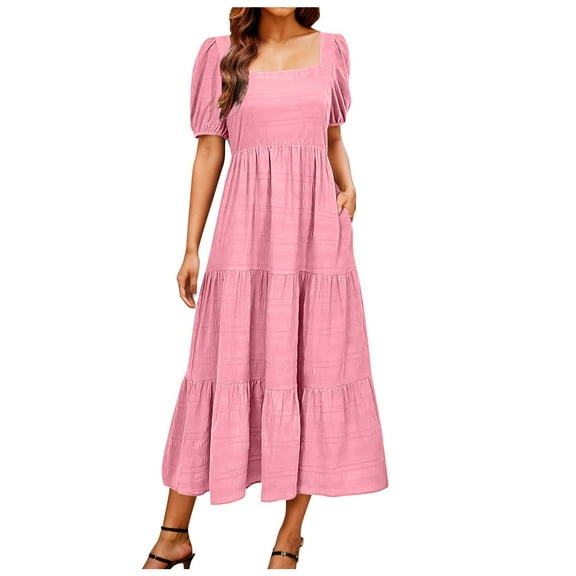 vigerkar Women's Summer Dresses 2025 Puff Sleeve Square Neck High Waist Smocked A-Line Flowy Loose Fit Midi Dress Pink, S