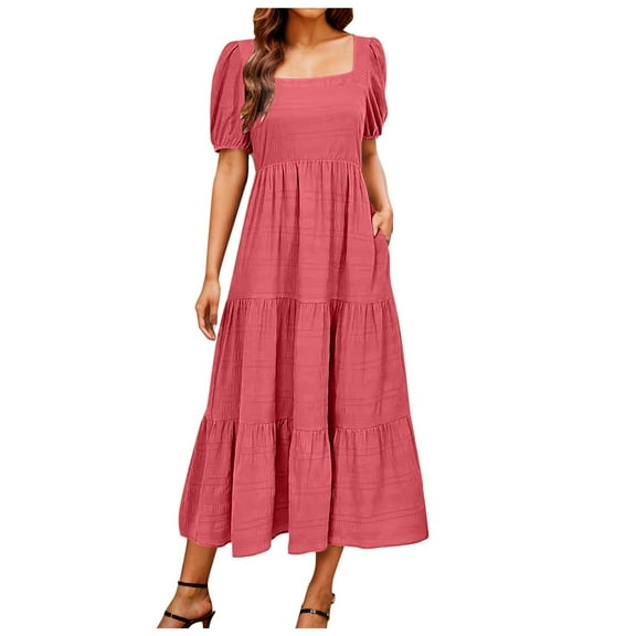 vigerkar Women's Summer Dresses 2025 Puff Sleeve Square Neck High Waist Smocked A-Line Flowy Loose Fit Midi Dress Red, XL