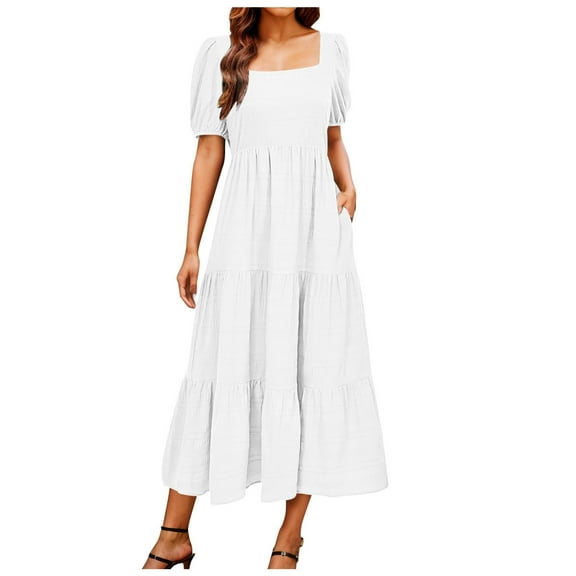 vigerkar Women's Summer Dresses 2025 Puff Sleeve Square Neck High Waist Smocked A-Line Flowy Loose Fit Midi Dress White, XL