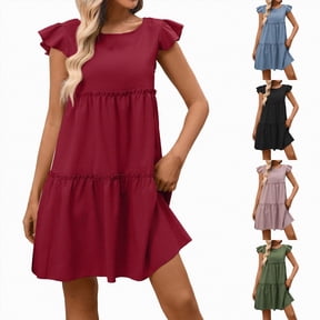 vigerkar Women's Summer Dresses Sleeveless Ruffle Sleeve Round Neck Solid Loose Short Flowy Pleated Mini Dress (Blue, S)