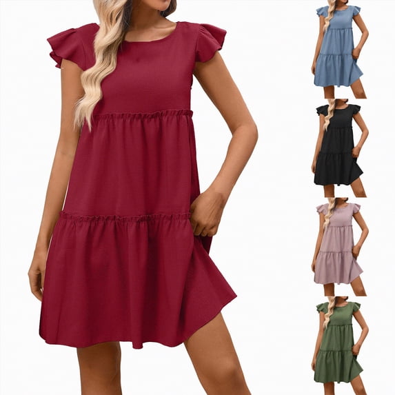 vigerkar Women's Summer Dresses Sleeveless Ruffle Sleeve Round Neck Solid Loose Short Flowy Pleated Mini Dress (Light Purple, S)