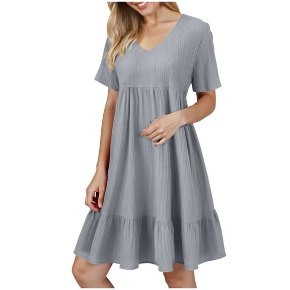 vigerkar Women's Summer Empire Waist Dress Smocked Flutter Short Sleeve V Neck Midi Dresses 2025 New Light Gray, XL