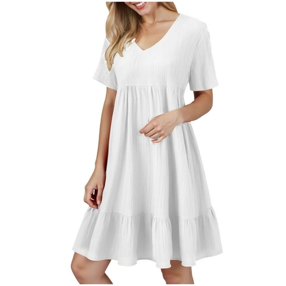 vigerkar Women's Summer Empire Waist Dress Smocked Flutter Short Sleeve V Neck Midi Dresses 2025 New White, S