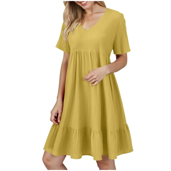 vigerkar Women's Summer Empire Waist Dress Smocked Flutter Short Sleeve V Neck Midi Dresses 2025 New Yellow, XXL