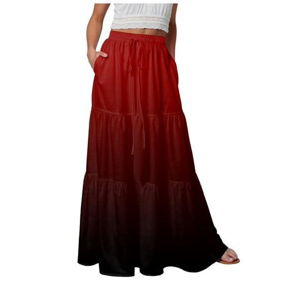 vigerkar Women's Summer High Waist Gradient Maxi Skirt – Elastic Waistband with Pockets, Adjustable Tie & Floor-Length Red, XL