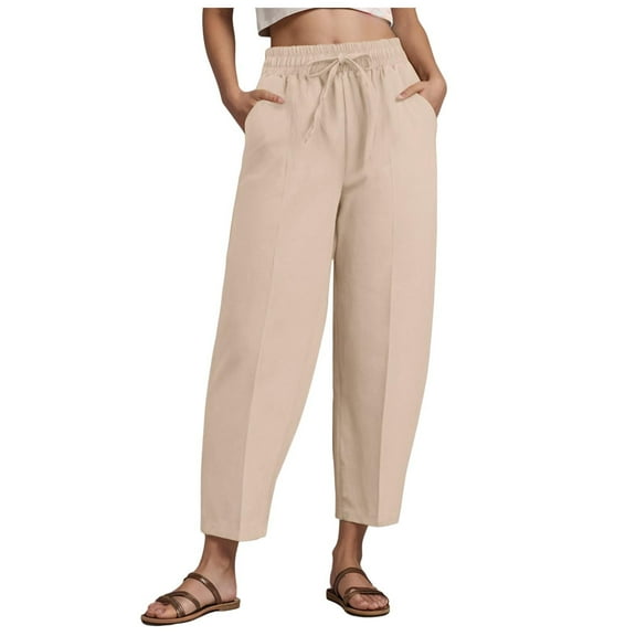 vigerkar Women's Summer High Waisted Baggy Pants Casual Ankle Length Trouser Slacks with Pockets (Beige, S)