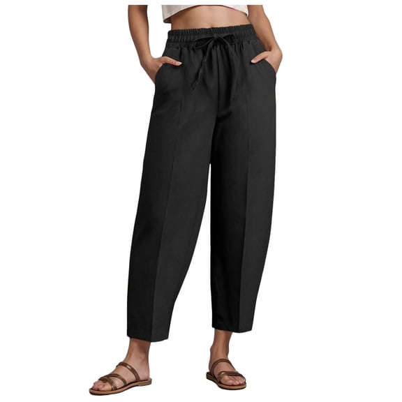 vigerkar Women's Summer High Waisted Baggy Pants Casual Ankle Length Trouser Slacks with Pockets (Black, M)